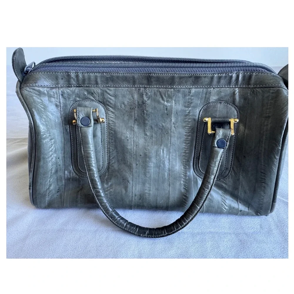 Vintage Genuine Eel Skin Satchel Bag Gray Exotic Leather Retro 80s 90s Handbag
